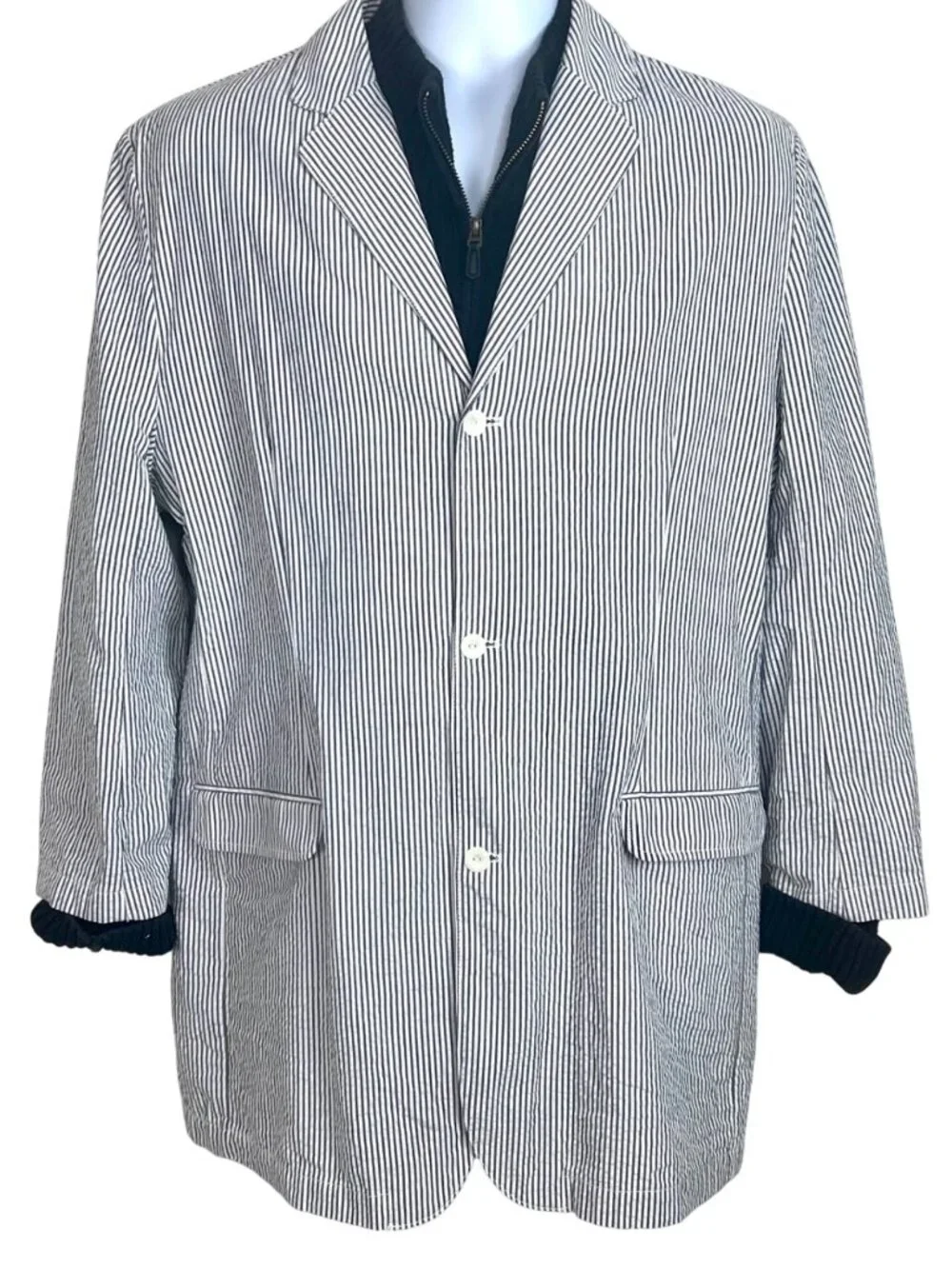 Blue White Striped Cotton Unstructured Seersucker Blazer L Lightweight Nautical